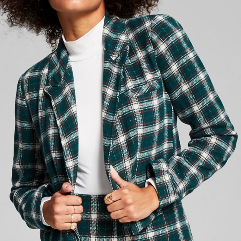 And Now This NEW Plaid Hunter Green Cream Red Gold Short Open Blazer Sz XL
